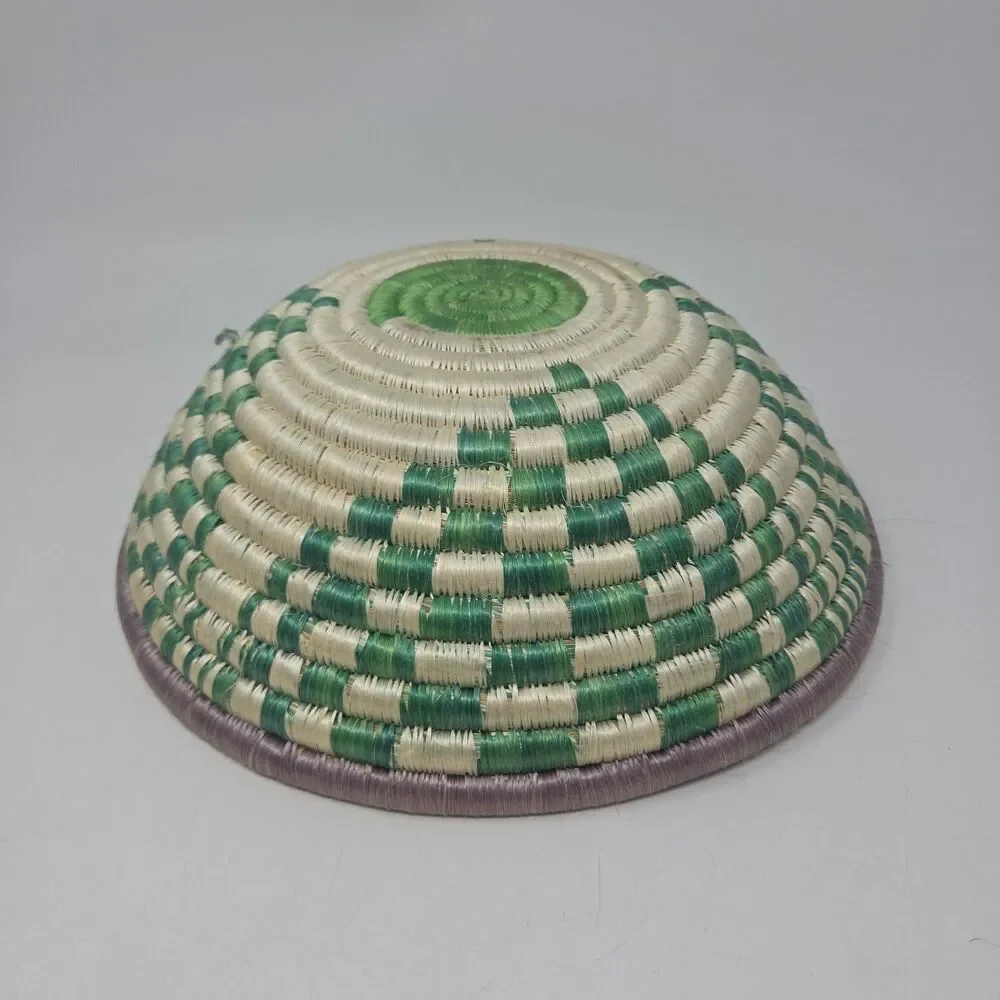 Vintage 11” Woven/Reed Coiled Basket Bowl Wall Green White African